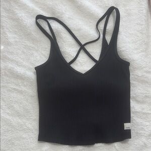 Vuori Black Ribbed V-Neck Tank Top with cross back